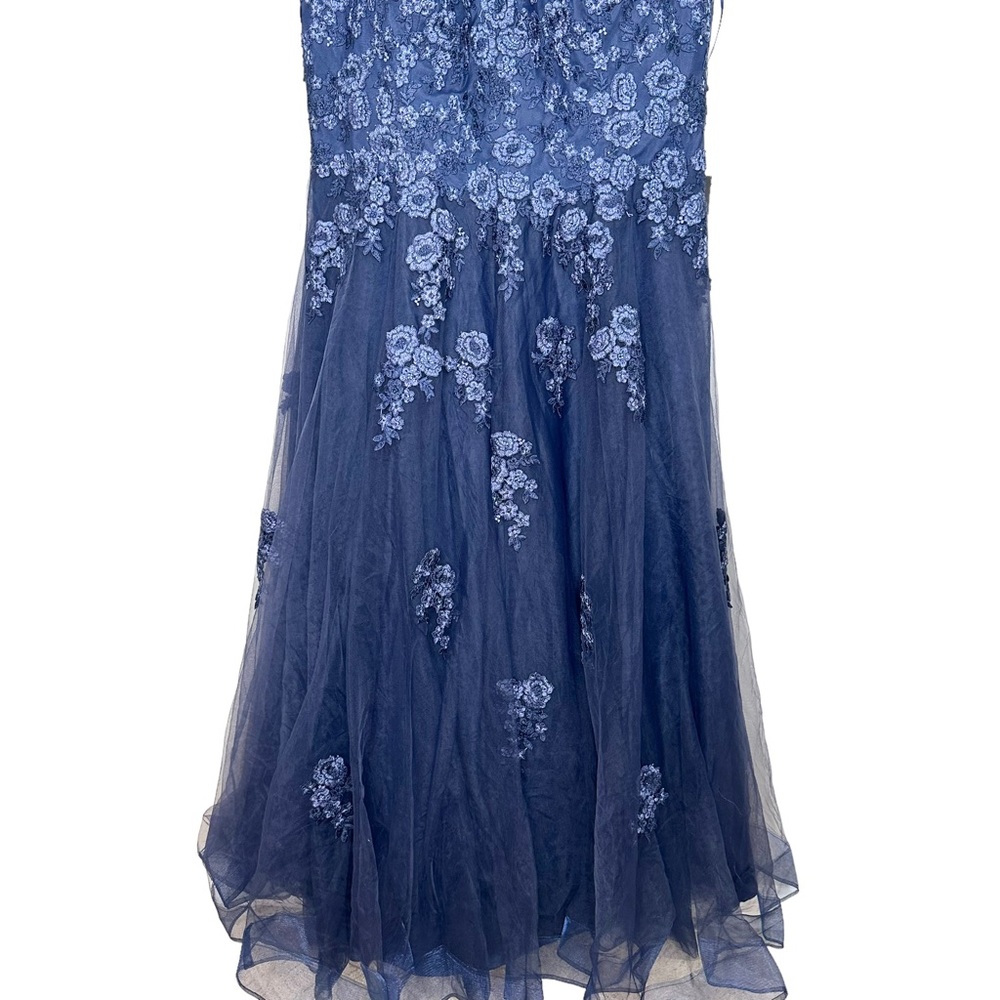 NWT La Femme Size 20 Navy Intricate Lace Long Tulle Gown Plus - Picture 5 of 12